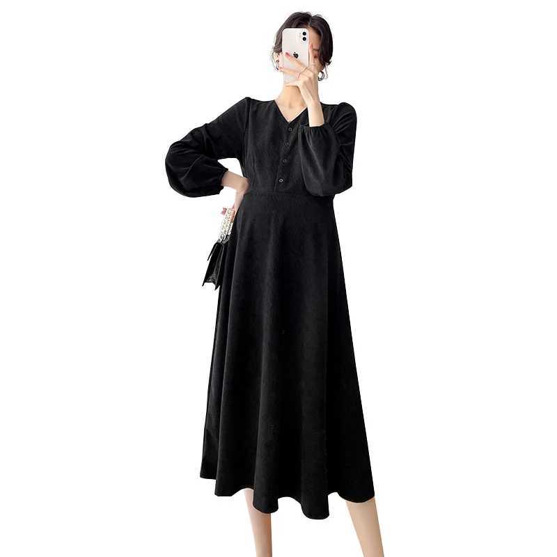 Autumn and winter maternity clothing long sleeved Corduroy shirt office womens dress elegant maternity dress black khaki W241026