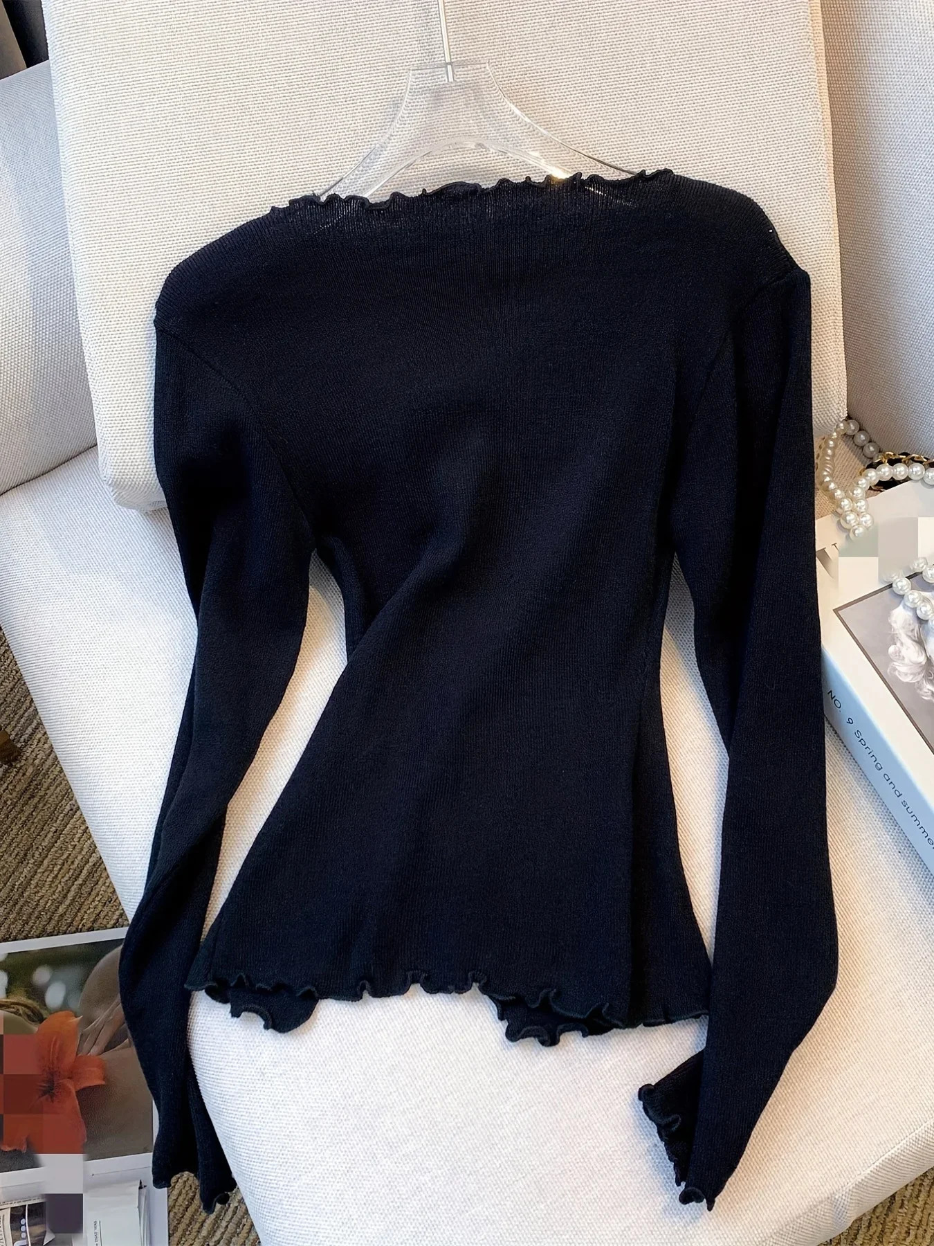 2024 BlackWhite Solid Lettuce Trim Bowknot Pullover Sweater Y2K Casual Long Sleeve For Spring Fall Womens Clothing 241025