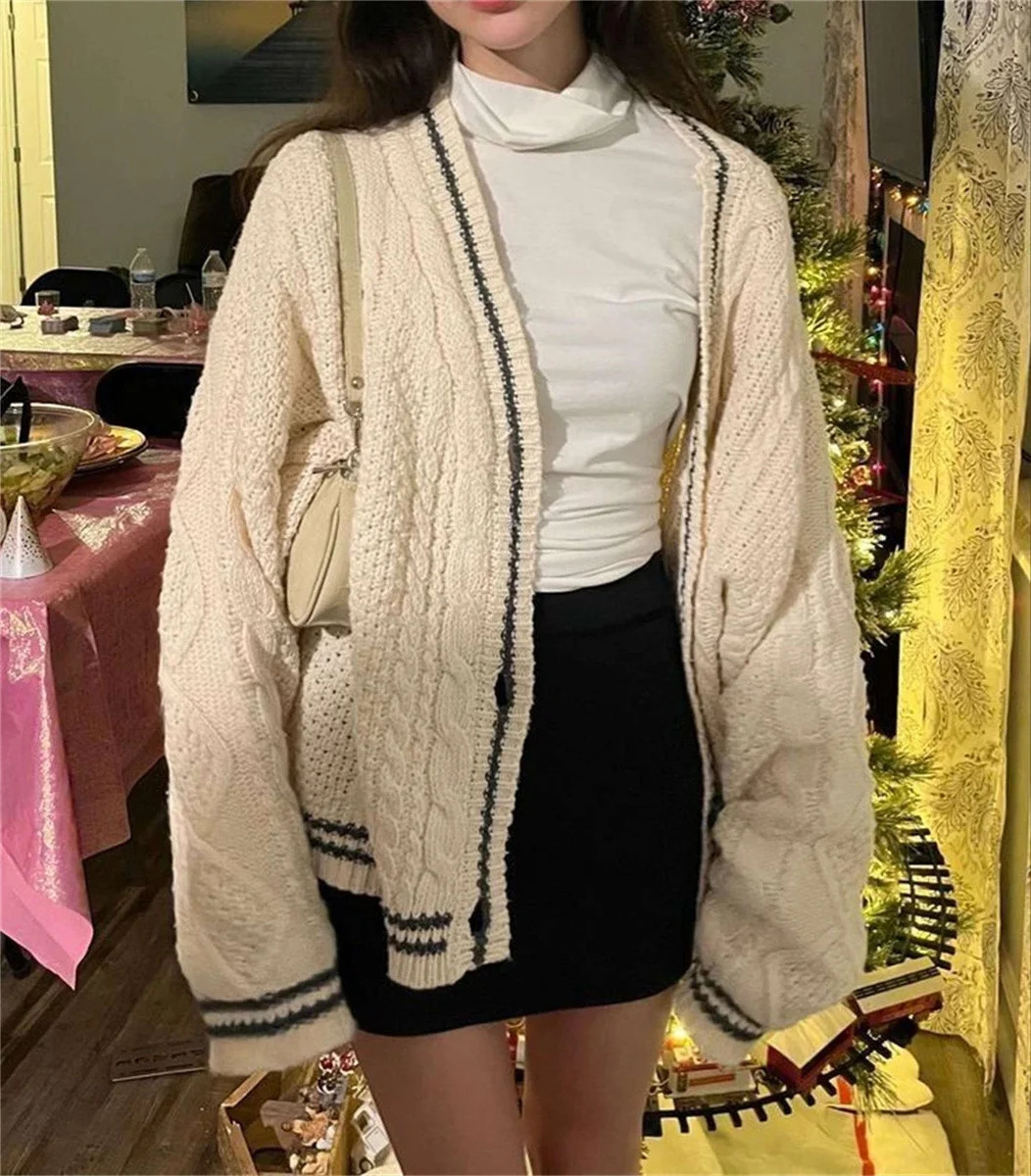 Knit Print Winter Cardigan Sweater Chic Vintage Star Preppy Long Sleeve Autumn V Neck Aesthetic Retro Single Breasted Sweaters 241025