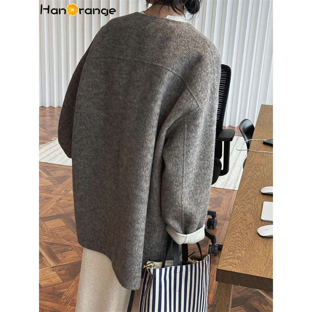Hanorange 2024 Autumn Winter Fashion Wool Double Sided Woolen Coat Women Delicate Skin Friendly Loose Silhouette Outwear Oatmeal