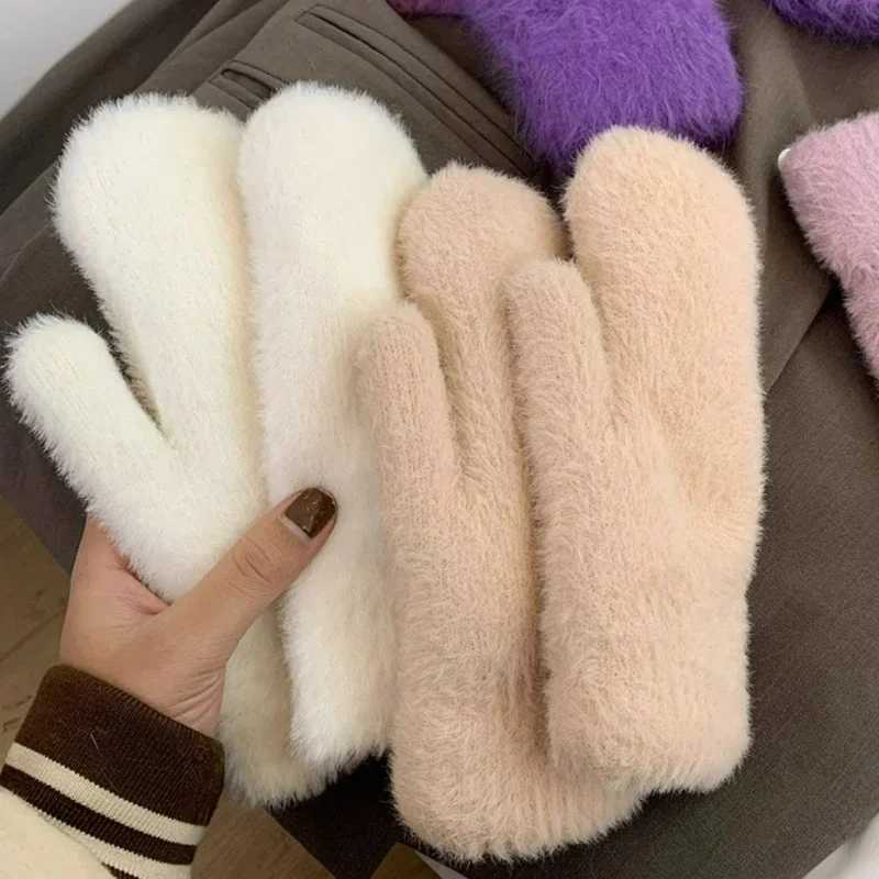 New Womens Winter Warmth Gs Plus Cashmere Solid Elastic Soft All Finger Gloves Gs Imitation Rabbit Fur Knitted W241026