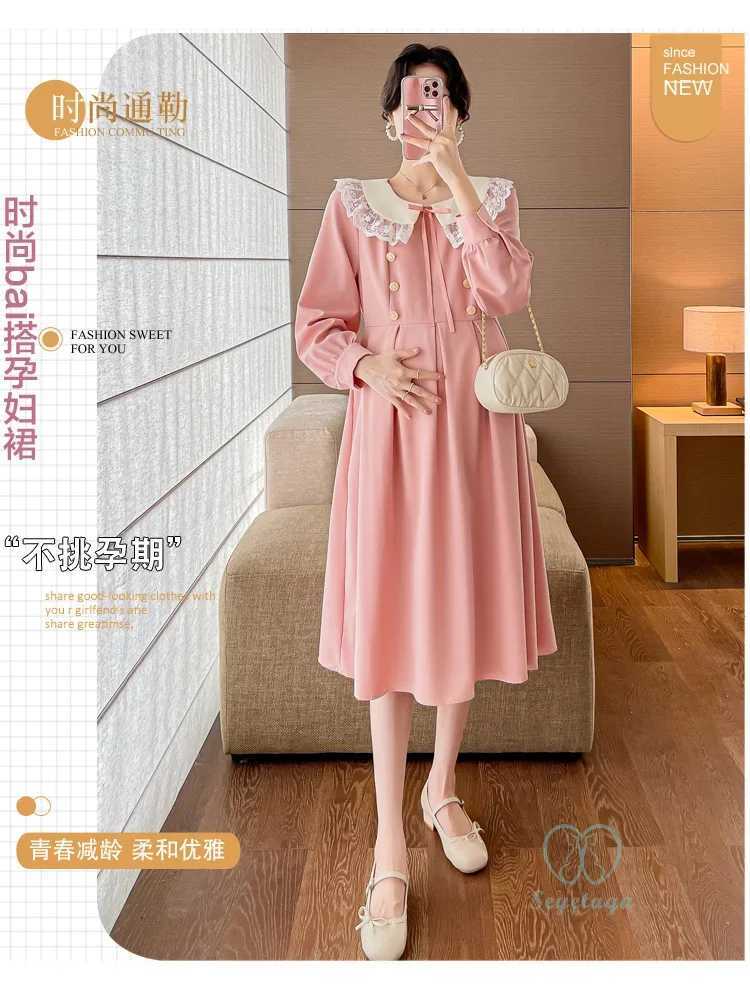 Sweet Maternity Dresses 2024 Spring New Fashion Cute Lave O Neck A Line Ultra Thin Maternity Clothing W241026