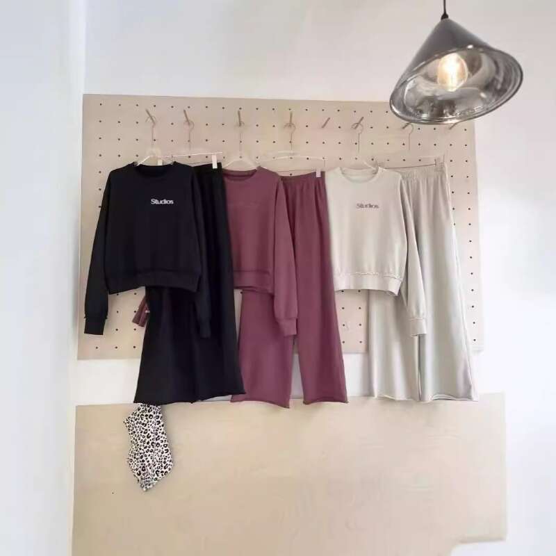 2024 Autumn New Women's Casual Versatile Slimming Letter Round Neck Sweatshirt+Wide Leg Pants Two Piece Sets Womens Outifits