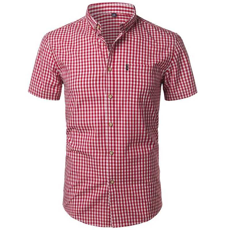 Mens Red Checkered Shirt Summer Short Slip Cotton Dress Shirt Business Casual Button Hem Chemical Mens Camissa Masculina W241026