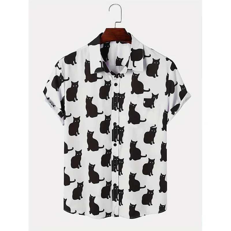 Summer Allover Cat Print Mens Casual Short Sleeve Haian Casual Button Collar Shirt Summer Mens Clothing W241026