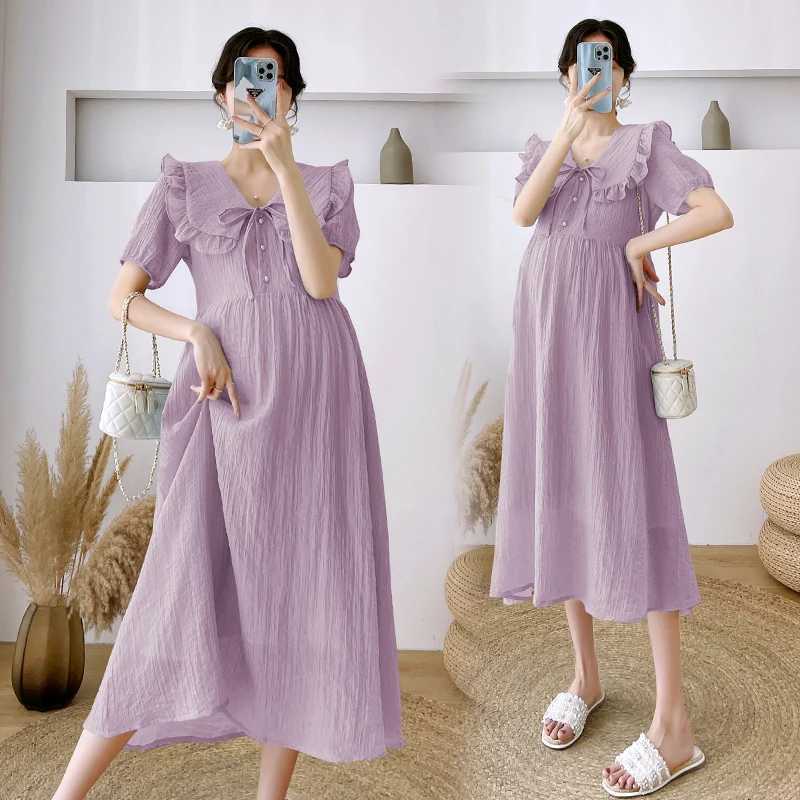 Cute pleated O-neck pregnant A-line dress 2024 summer Korean fashion elegant pregnant womens clothing W241026