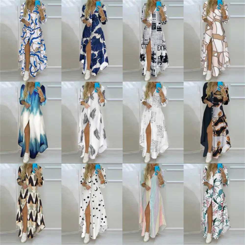 2022 new womens striped printed long sleeved dress fashionable bohemian beach button up maxi dress spring and summer womens letter oversized robe W241