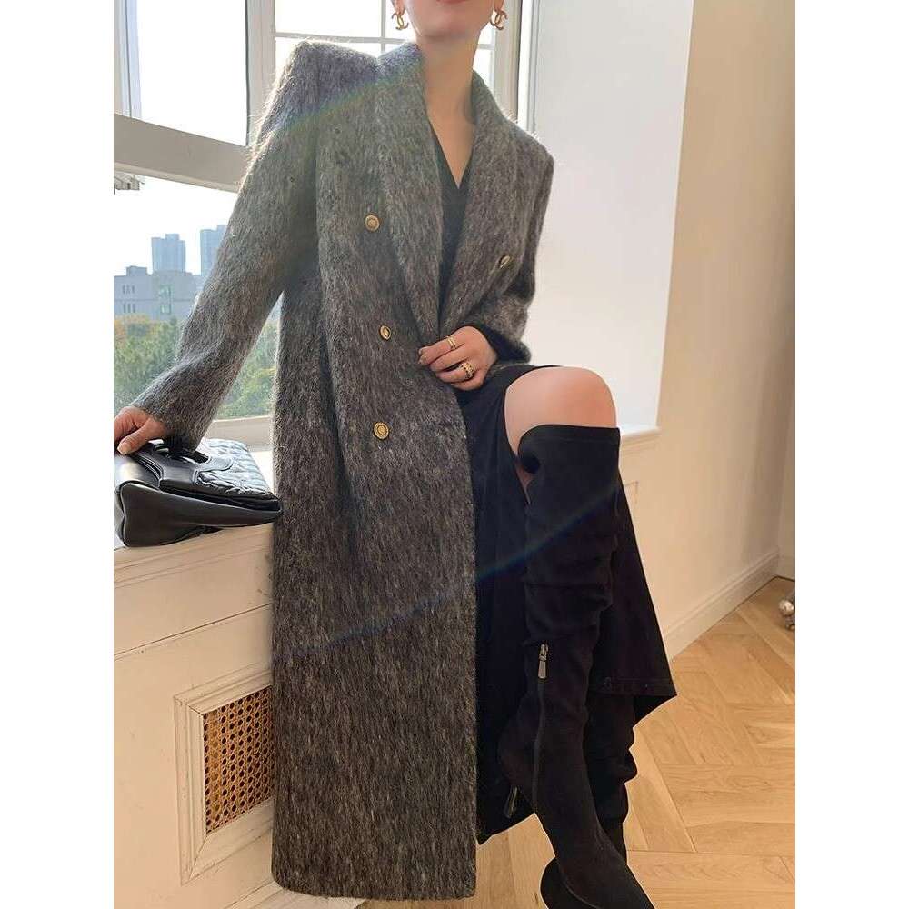 Women's Autumn Winter Fashionable Sophisticated Gray Hepburn Style Brushed And Thickened Coat
