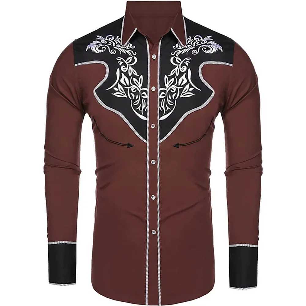 2024 New Mens Western style Printed Long Sleeve Collar Single Chest Casual Shirt Mens Club Street Clothing W250312