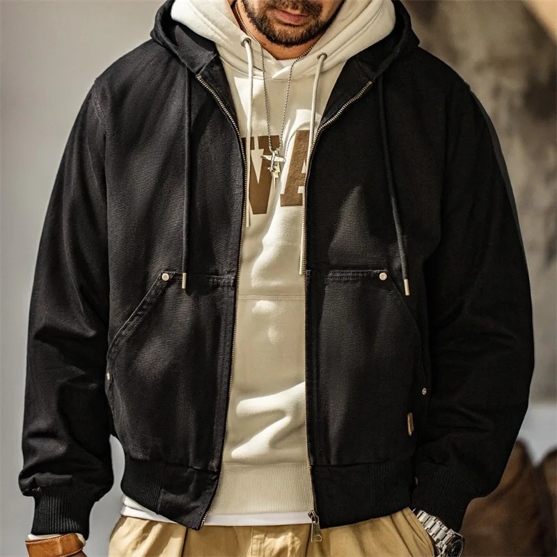Maden Vintage J130 Heavyweight Hooded Jacket Canvas Classic Short Zip Front Solid Color Outerwear for Men Autumn Streetwear Coat 241025