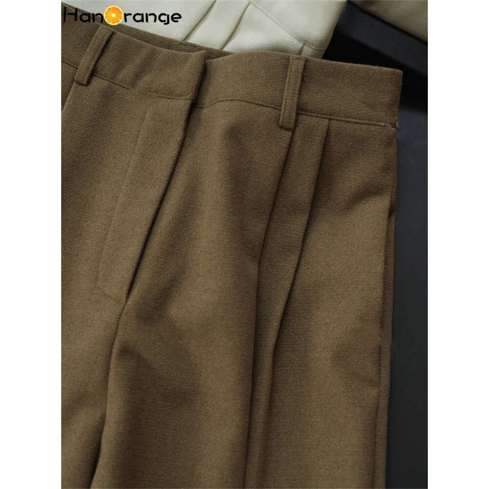 Hanorange 2024 Autumn Winter Simple High Waist Double Pleated Wide Leg Pants Women Loose Casual Trousers Female White/Brown