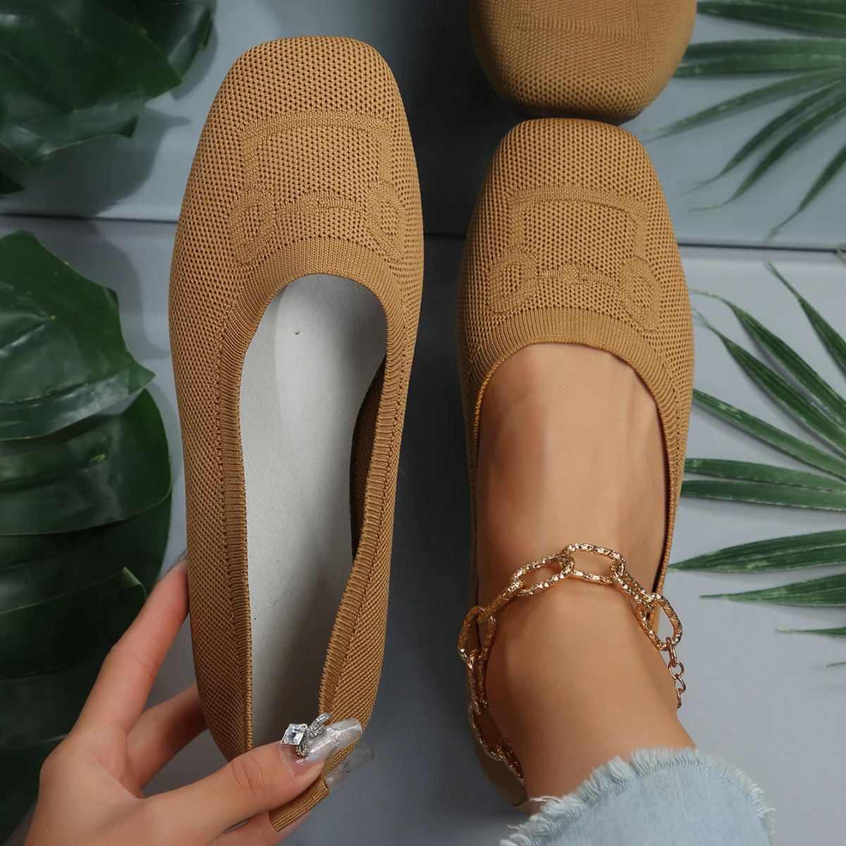 Womens flat shoes solid color knitted office shoes casual breathable ballet shoes soft mesh mule shoes womens Loafers Zapatos De Mujer 241024