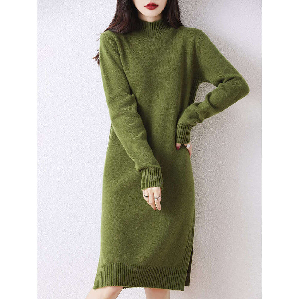 Hot Selg New 100% Merino Wool Knitted Autumn Winter Thick Mock-Neck Pullover Long Sweater Casual Women's Dress