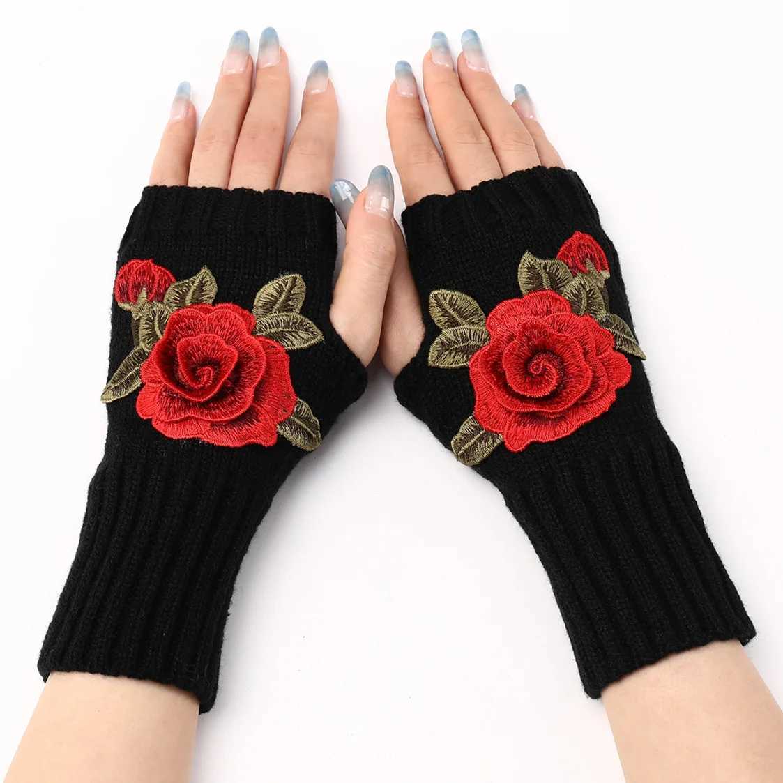 2024 Autumn Winter Womens Short Fashion Embroidered Flowers Gs Knitted Wool Sleeves Warm Finger Gloves Gs Women W241026