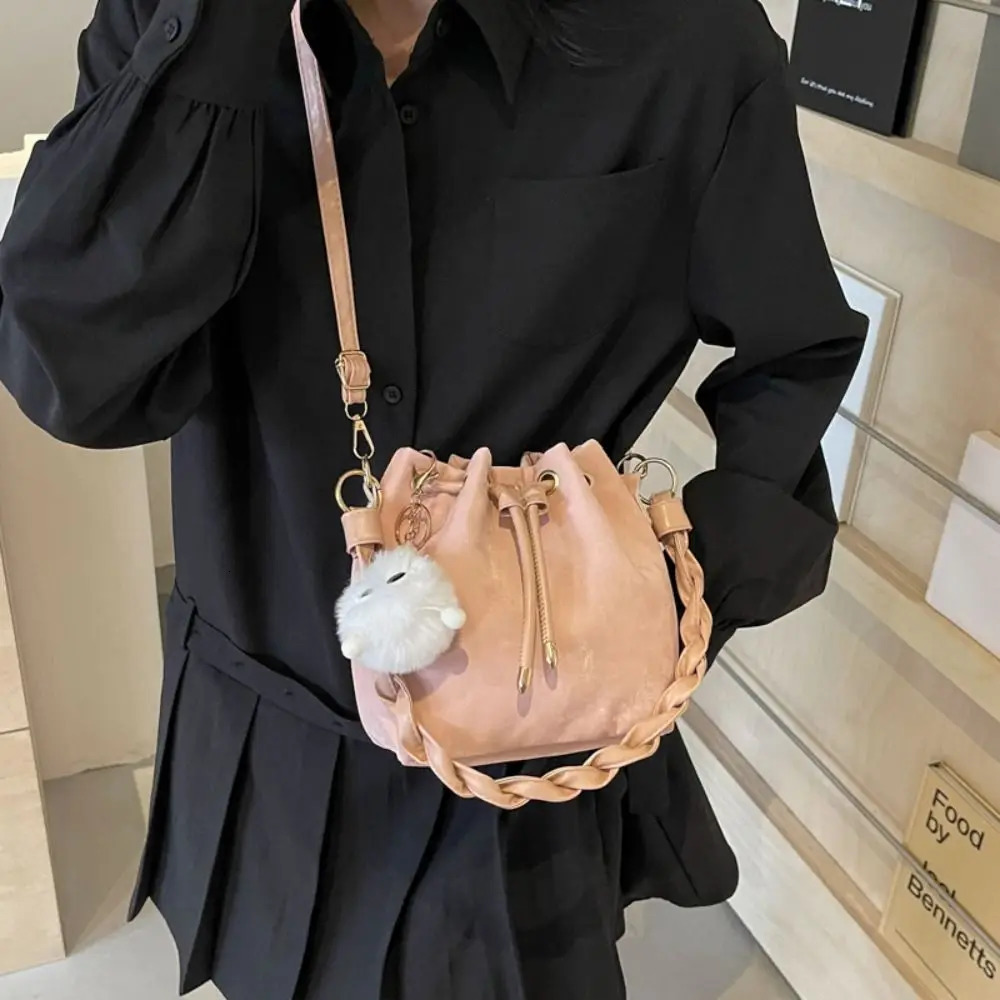 Plush pendant bucket bag PU polyester brushed tie handbag Japanese and Korean style armrest bag daily matching 241025