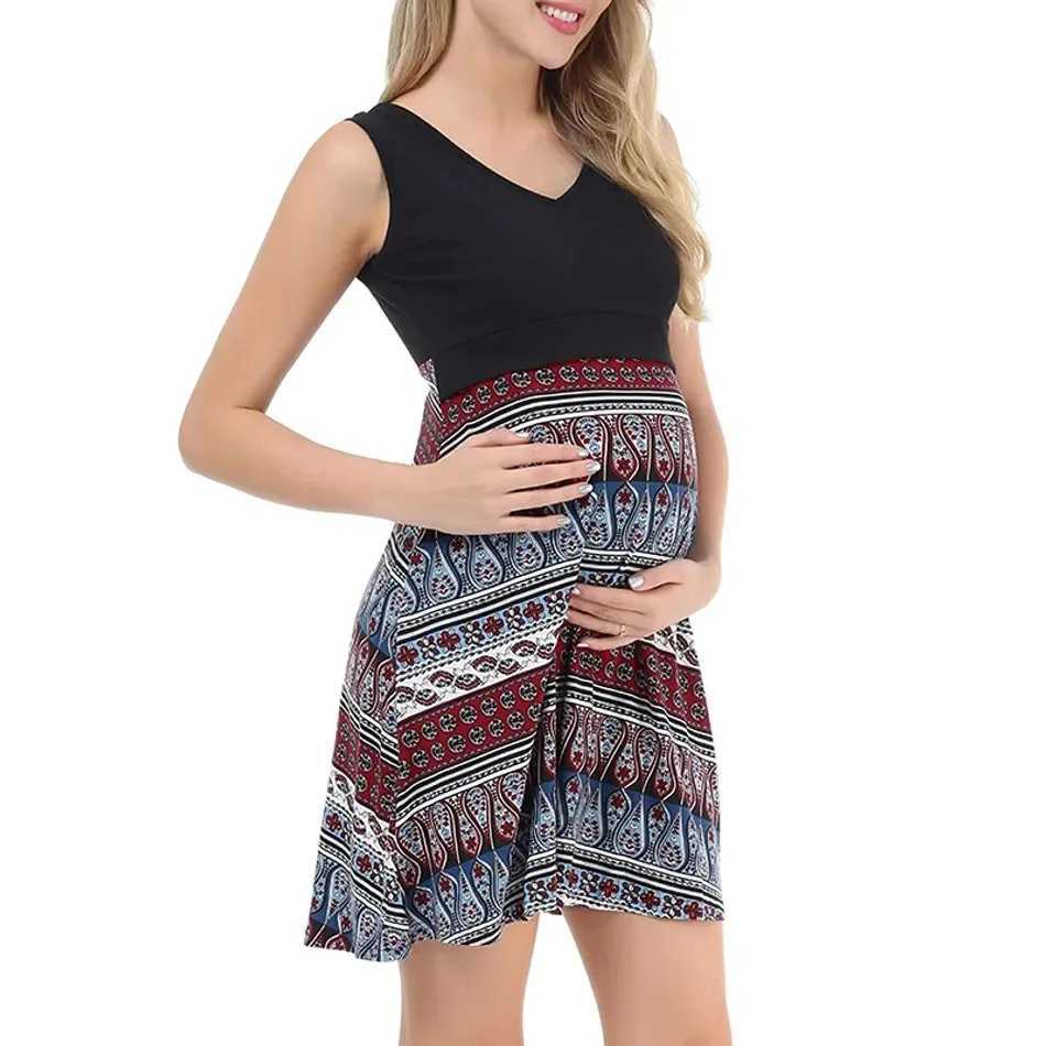 Summer dress for pregnant women black printed V-neck fashionable and comfortable breathable sleeveless care for pregnant women W241026