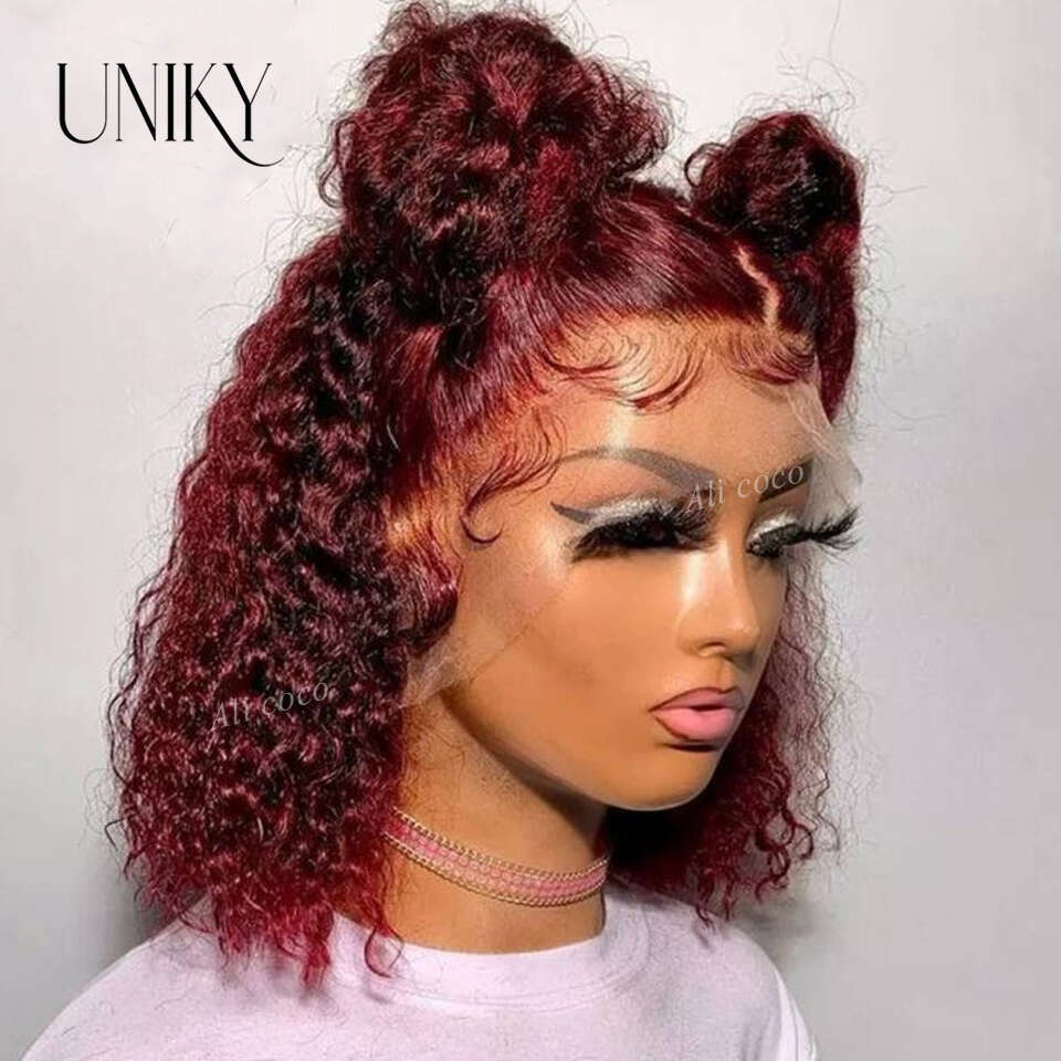 Red Bury 99J Color Kinky Curly Short Cut Blunt 13X4 Frontal Human Hair Bob Wigs 4X4 Lace Closure Preplucked Wig