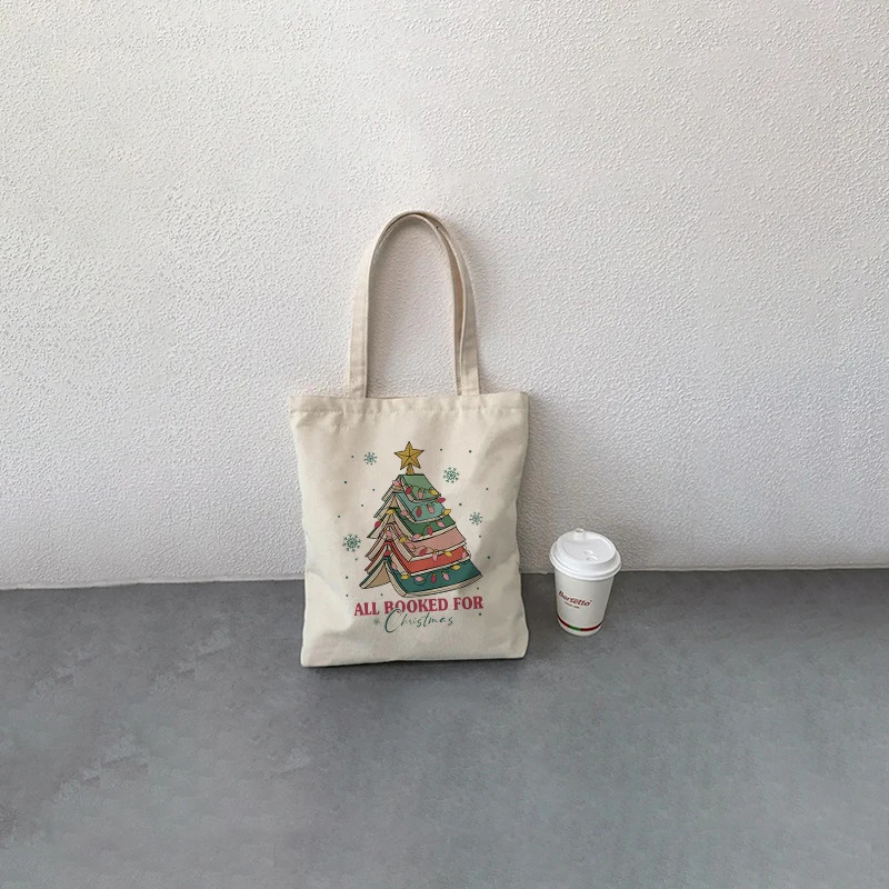 Christmas Book Tree Pattern Canvas Tote Bag Book Lovers Christmas Gift Women Shopping Bag Xmas Gift for Friends Shoulder Bags 241025