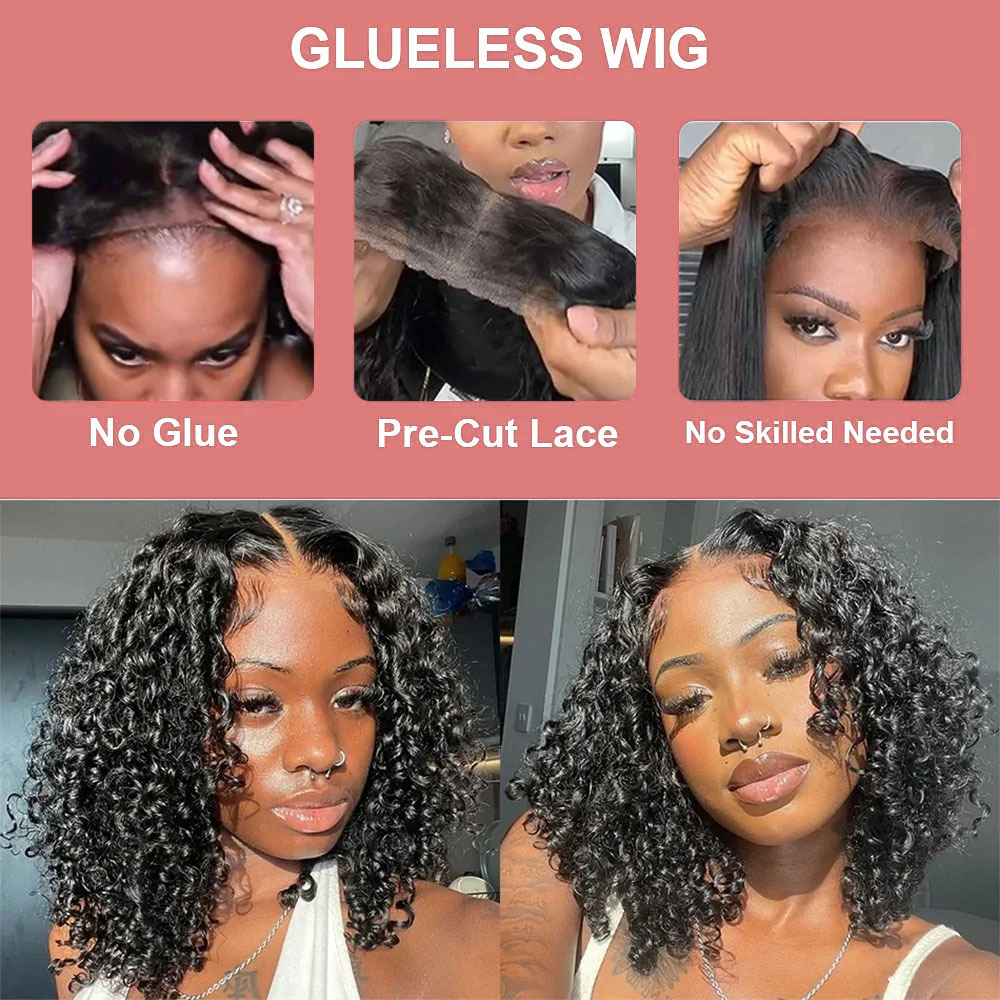 13x4 Glueless Short Bob Kinky Curly Human Hair Wigs for Black Women PrePlucked Transparent Deep Wave Frontal Wig Brazilian