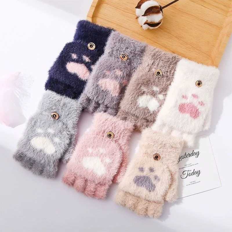 Thick Womens Warm Cat Gs Fashion Girl Cat Cl P Plush Gloves Soft Plush Short Finger Half Finger Winter Gs W241026