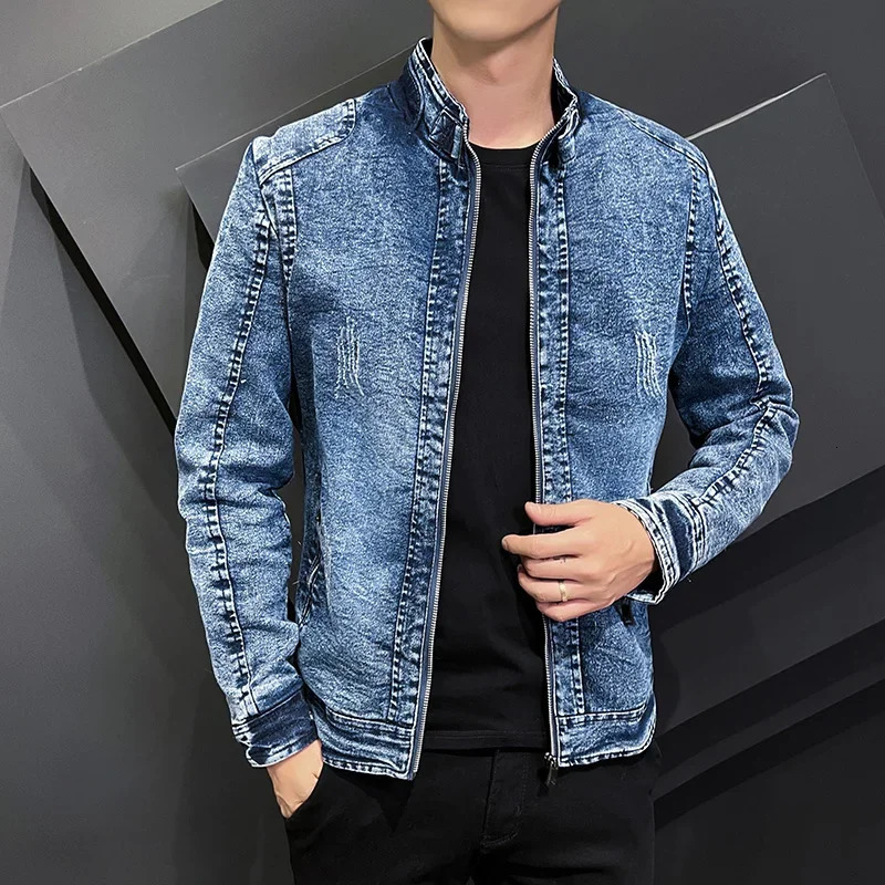 2023 Spring and Autumn Fashion Jean Jackets for Men Stand Collar Zipper Denim Coats Retro Simple Slim Casual Jacke 241025