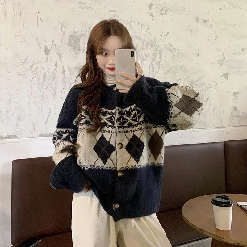 HELIAR Korean Patchwork Cardigan Sweater Lazy Wind Vintage Argyle Long Sleeve Knitted Coat Casual O Neck Female Print Top 241025