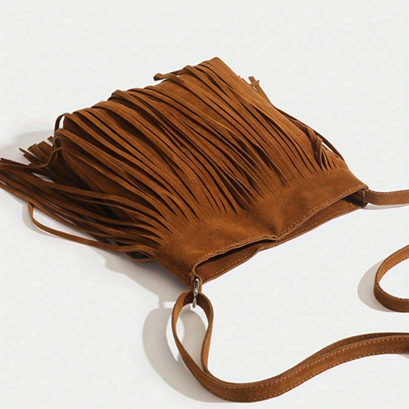 Brown Suede Elegant Crossbody Bag with Adjustable Strap - Hand Washable, Solid Color, Buckle Closure, Polyester Lined, No Oil Edges Fringe Shoulder Ba
