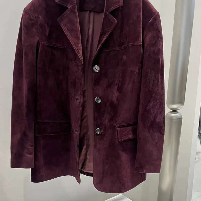 French high-end Western style womens leather jacket purple red oversized casual rens suede suit jacket 241025
