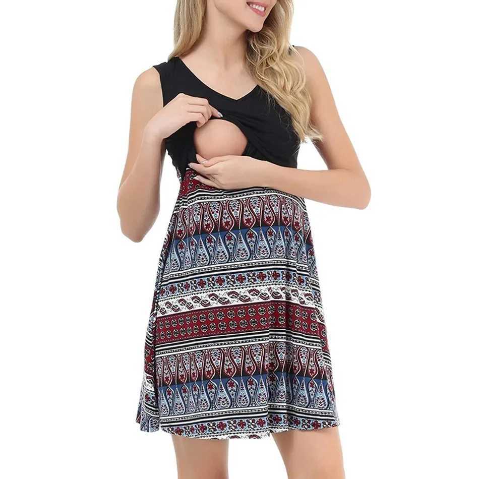 Summer dress for pregnant women black printed V-neck fashionable and comfortable breathable sleeveless care for pregnant women W241026