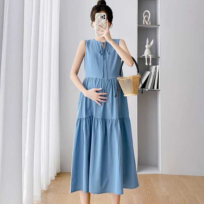 Summer sleeveless loose pregnant womens long dress simple vest dress pregnant women 24SS Y2k youth W241026