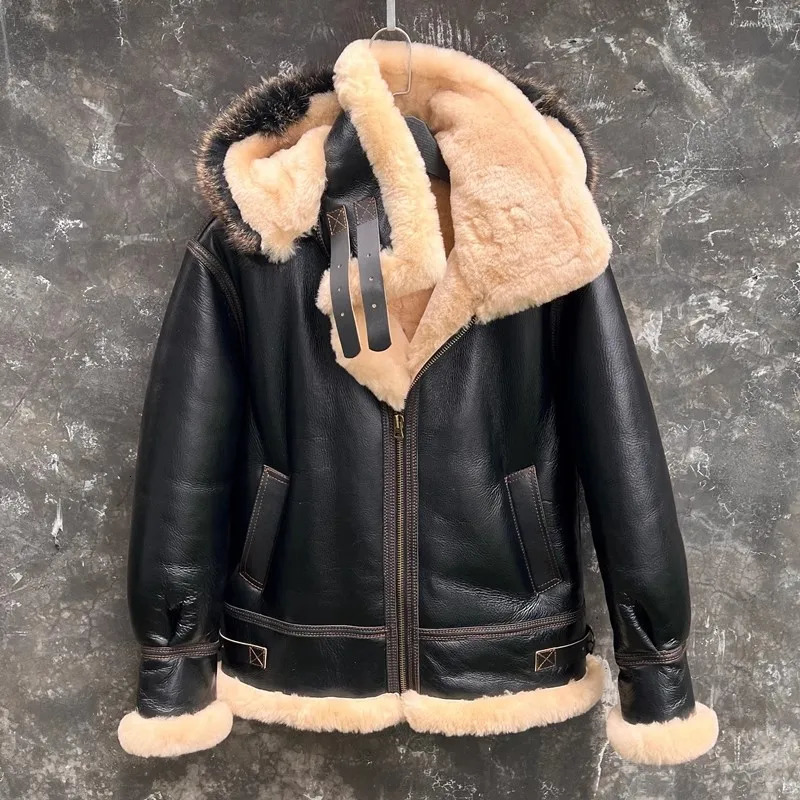 CC Shop Mens High quality 100% real fur jacketClassic B3 winter warm thick leather coatnarural sheepskin with woolThick 241025