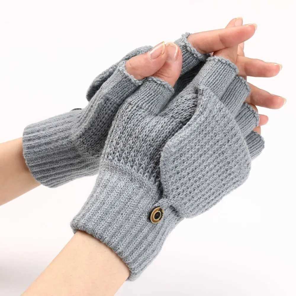 1 pair of knitted thick flap Gs classic solid color exposed Gs soft crochet finger gloves winter warm gloves W241026