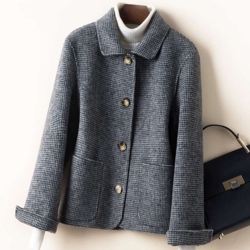 Elegant 100% Wool Female Korean Woolen Jackets Women Clothes 2019 Slim Plaid Coat Spring Autumn Overcoat 1907777W751