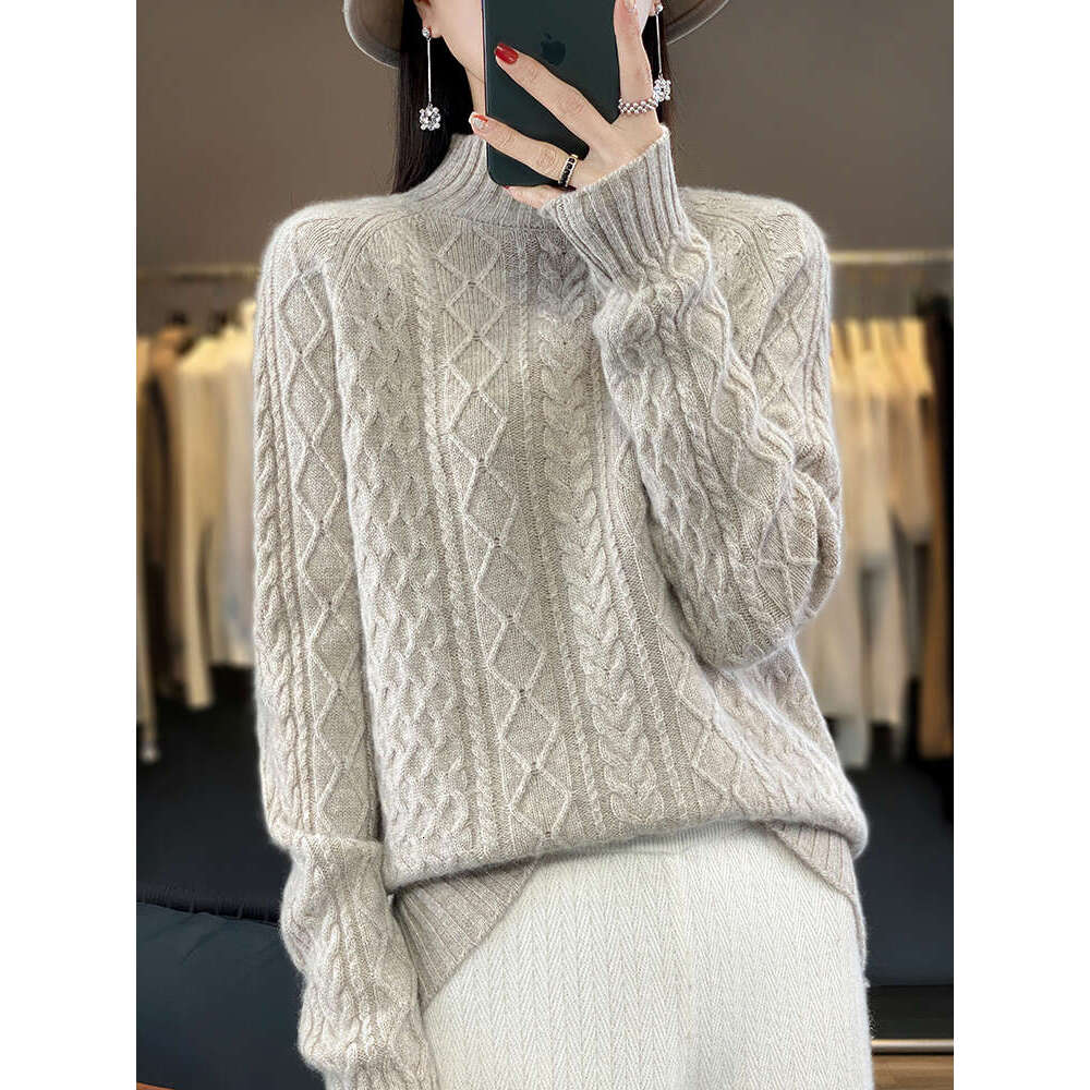 Women Sweater Twist Wer Mock Neck Pullover Autumn Winter 100% Merino Wool Basic Long Sleeve Cashmere Knitwear Fashion