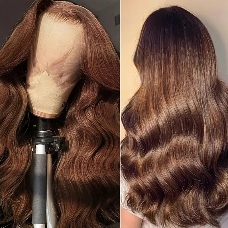 13*4 Body Wave Real Human Hair Chocolate Brown Transparent Lace Front Wig Pre Plucked For Women 210 Denasity