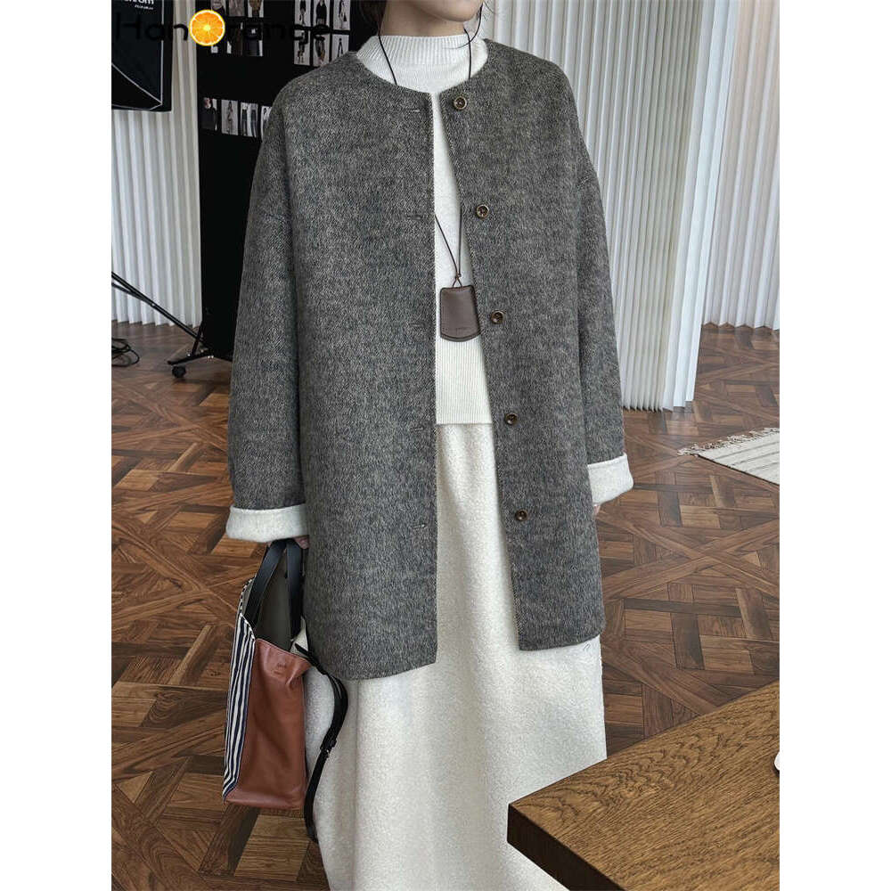 Hanorange 2024 Autumn Winter Fashion Wool Double Sided Woolen Coat Women Delicate Skin Friendly Loose Silhouette Outwear Oatmeal
