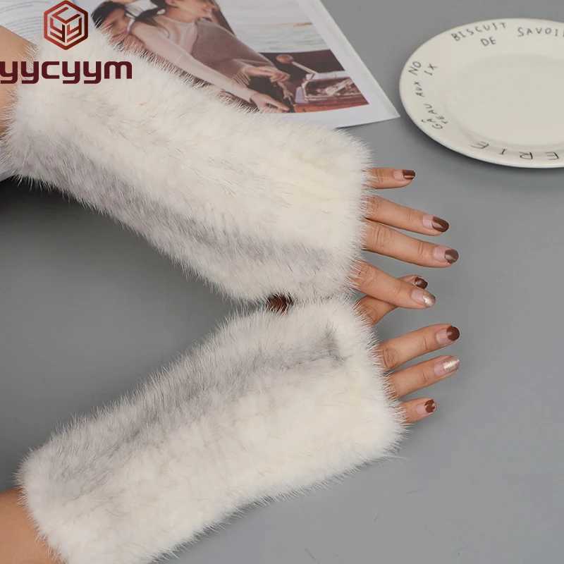 2024 New Style Womens Winter Warm Genuine Mink Knitted Half Finger Gs Girls Typing Gloves W241026
