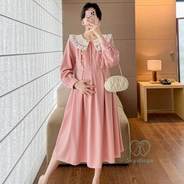 Sweet Maternity Dresses 2024 Spring New Fashion Cute Lave O Neck A Line Ultra Thin Maternity Clothing W241026