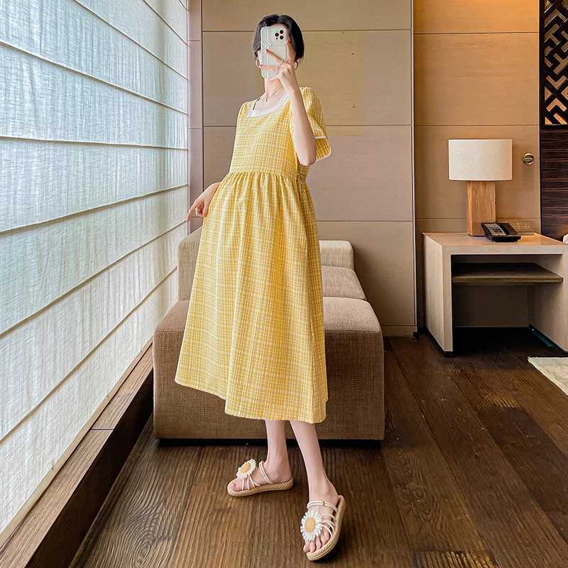 Korean summer long loose pregnant women A-line dress short sleeved square neckline pregnant women plain weave dress pregnant women dress W241026