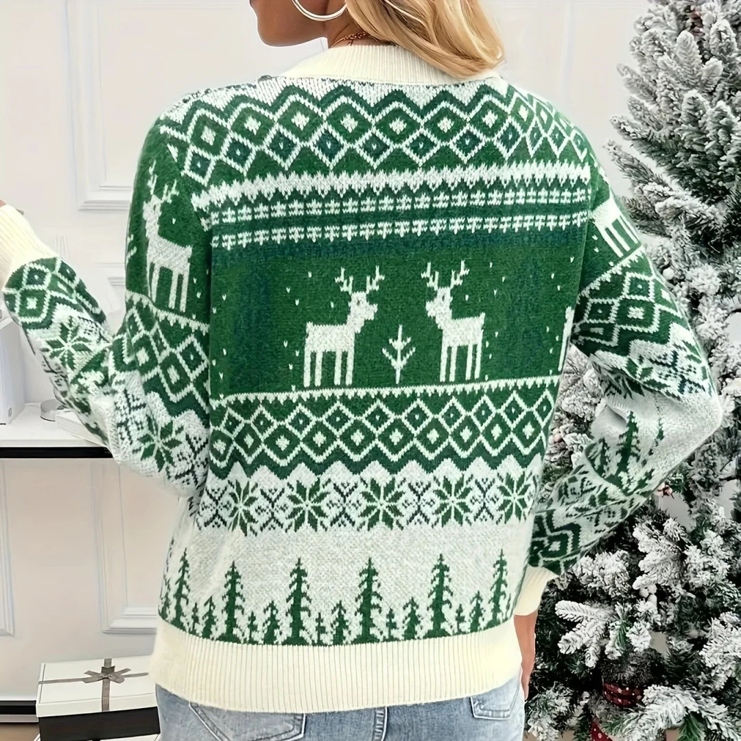 Women Jacquard Christmas Sweater Winter Clothes Loose Long Sleeve ONeck Knitted Sweaters Lady Pullover Green Sweter Streetwear 241025