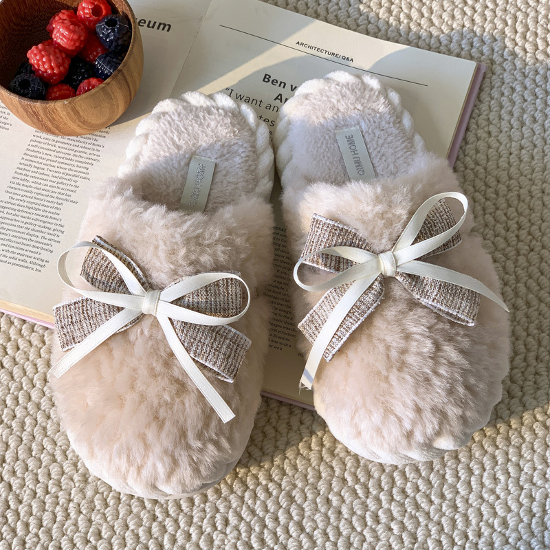 Butterfly Knot Cotton Slippers: Plush Anti-Slip Winter Slippers for Women 299c