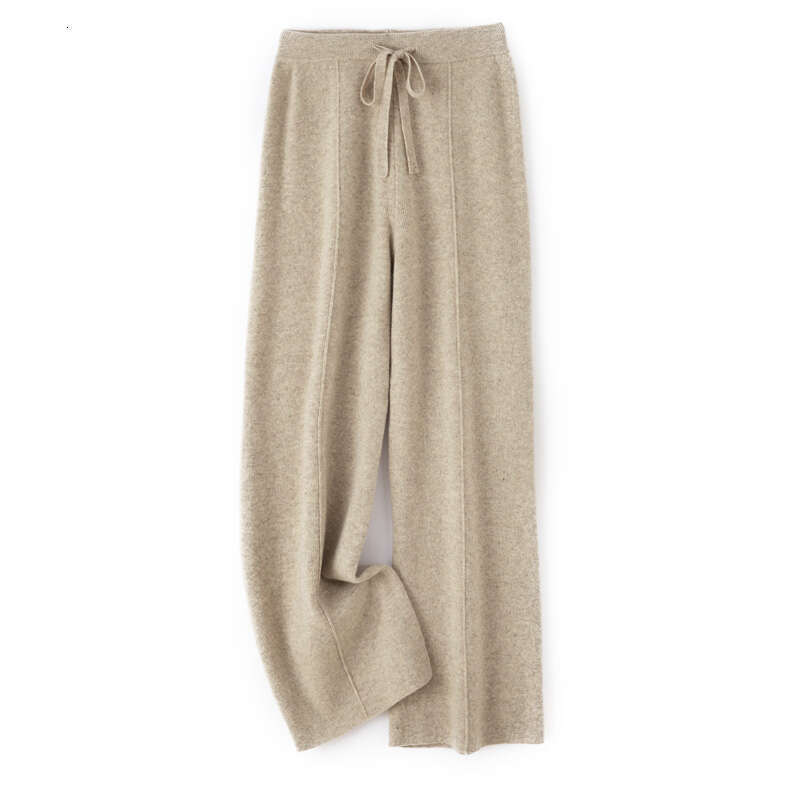 2024 Fashion Women Pure Color Wide Leg 100% Merino Wool Knitted Trousers Spring Autumn High Waist Lace-Up Pants