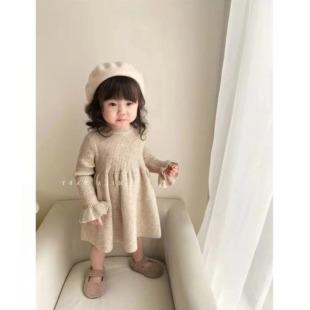 Girls Casual Dresses Children Clothing Woolen Yarn Skirt Winter Knitting Long Sleeved Korean Baby Underlay 241025