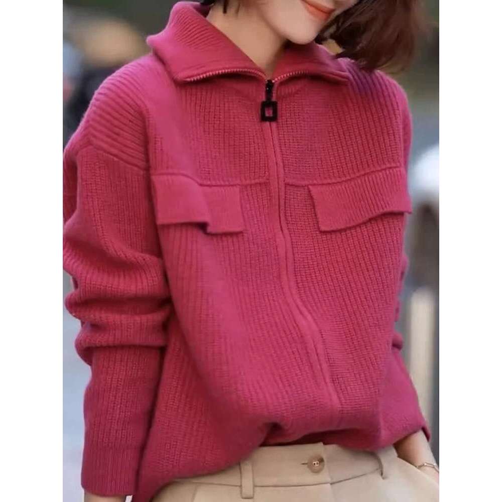 Autumn/Winter Fashion 100 Pure Cashmere Cardigan Women's Zip-Up Coat With Turtleneck Knitted Sweater Outside