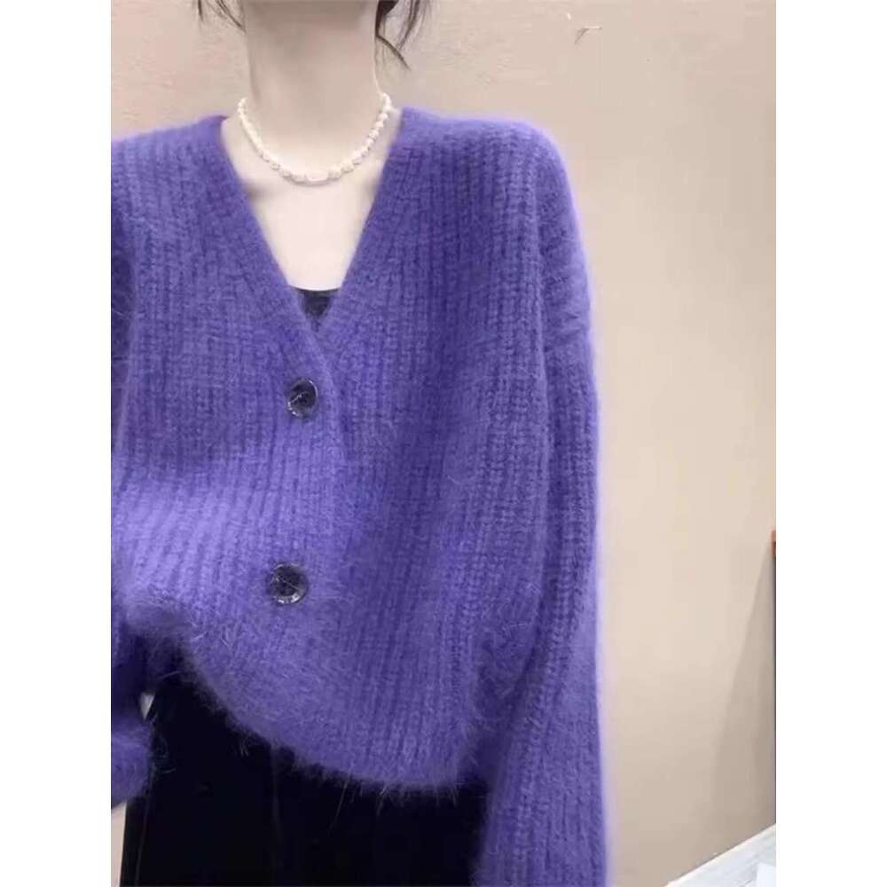 It's So Chic Temperament V-Neck 100% Pure Cashmere Knitted Cardigan Women's Spring And Autumn Korean Version Wool Base Coat