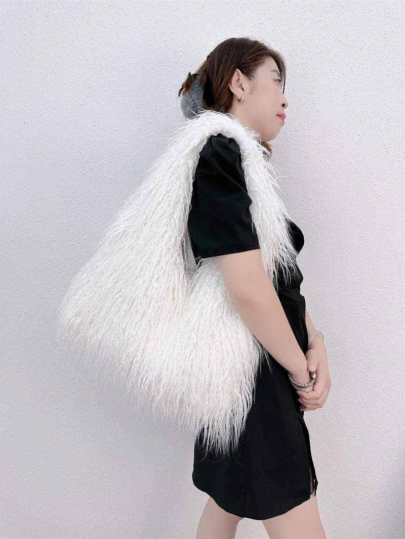 Wool Womens Plush Shoulder Bags Y2k Faux Fur Drawstring Bucket Bag Fashion Female Furry Purse Tote Handbags 241025