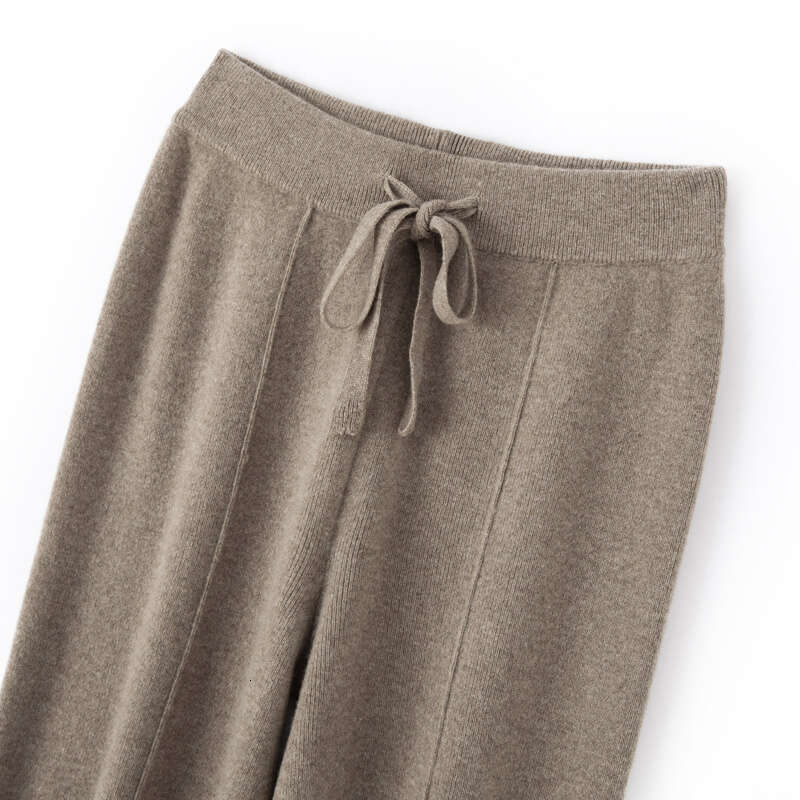 2024 Fashion Women Pure Color Wide Leg 100% Merino Wool Knitted Trousers Spring Autumn High Waist Lace-Up Pants