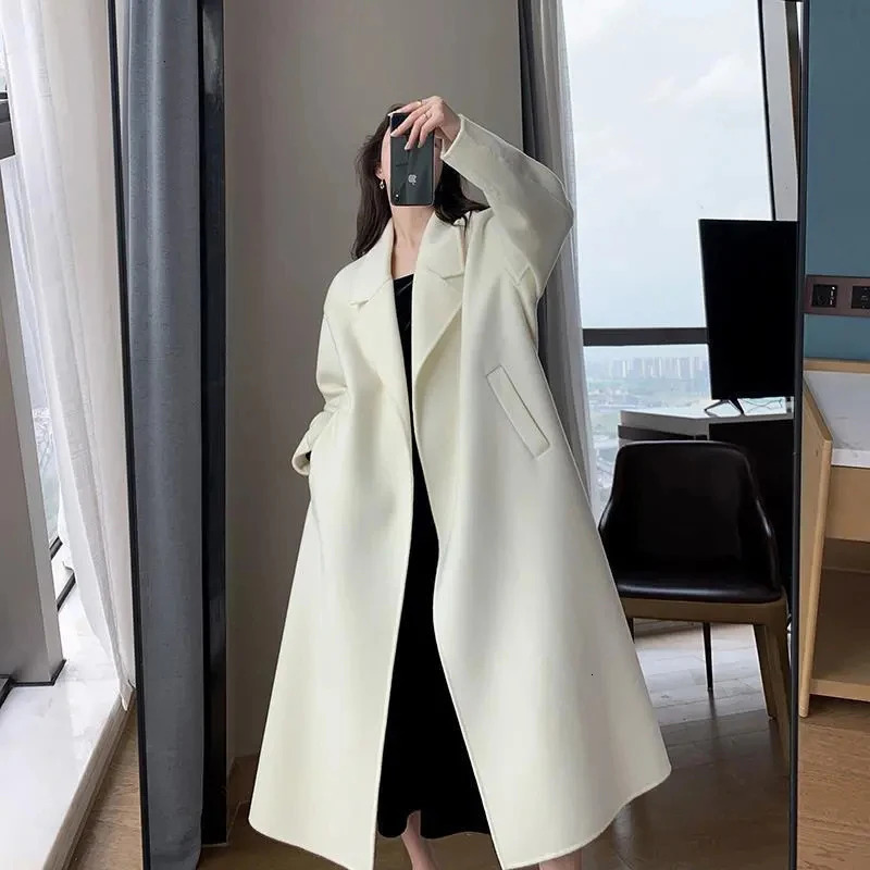 Elegant Midi Wool Blends Coat Women Korean Thicken Long Bandage Jackets Oversized Lace Up Outwear White Cardigan Woolen Overcoat 241025