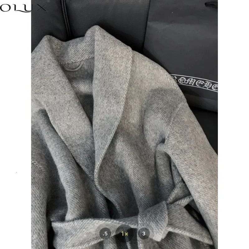 Wool Blends Bandage Waist Fur Sleeve Coat Women Trench Winter Clothes Top Grey Jackets Wrap Vintage Streetwear 241025