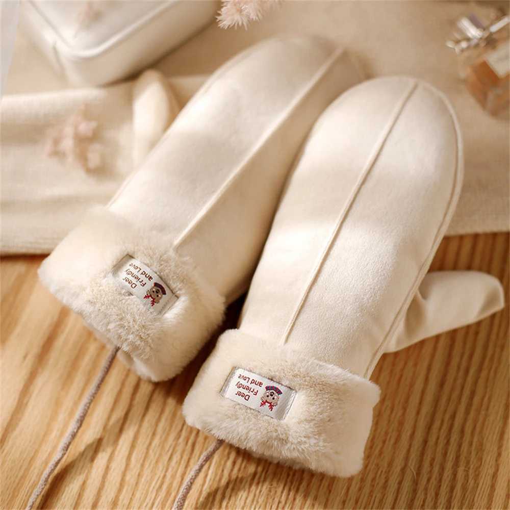 Womens suede plush hanging collar Gs winter warmth Gs outdoor skiing refrigeration student gloves Christmas gift W241026